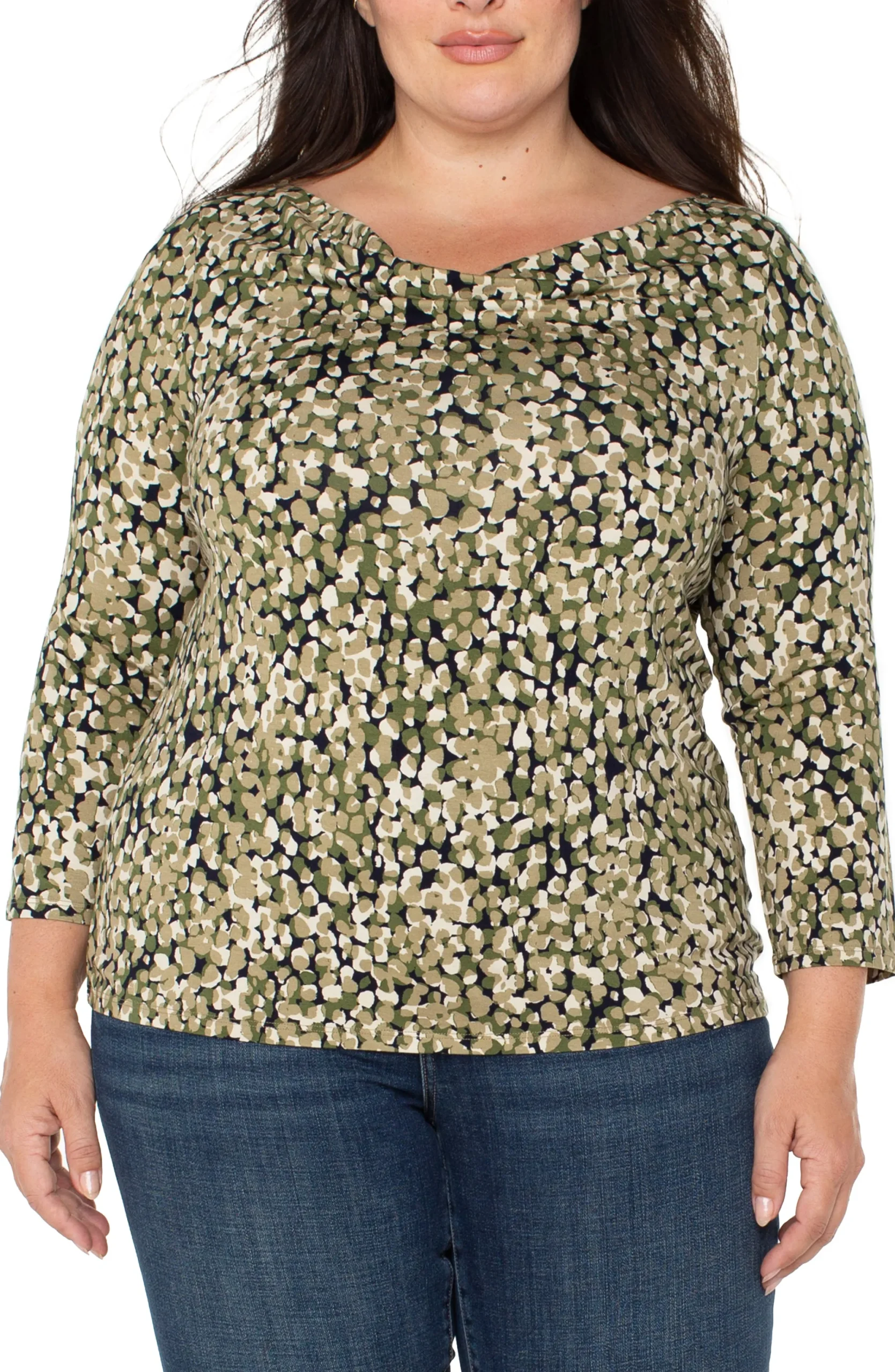 Tops-Liverpool Los Angeles 3/4 SLEEVE DRAPED NECK KNIT TOP Olivecamodot