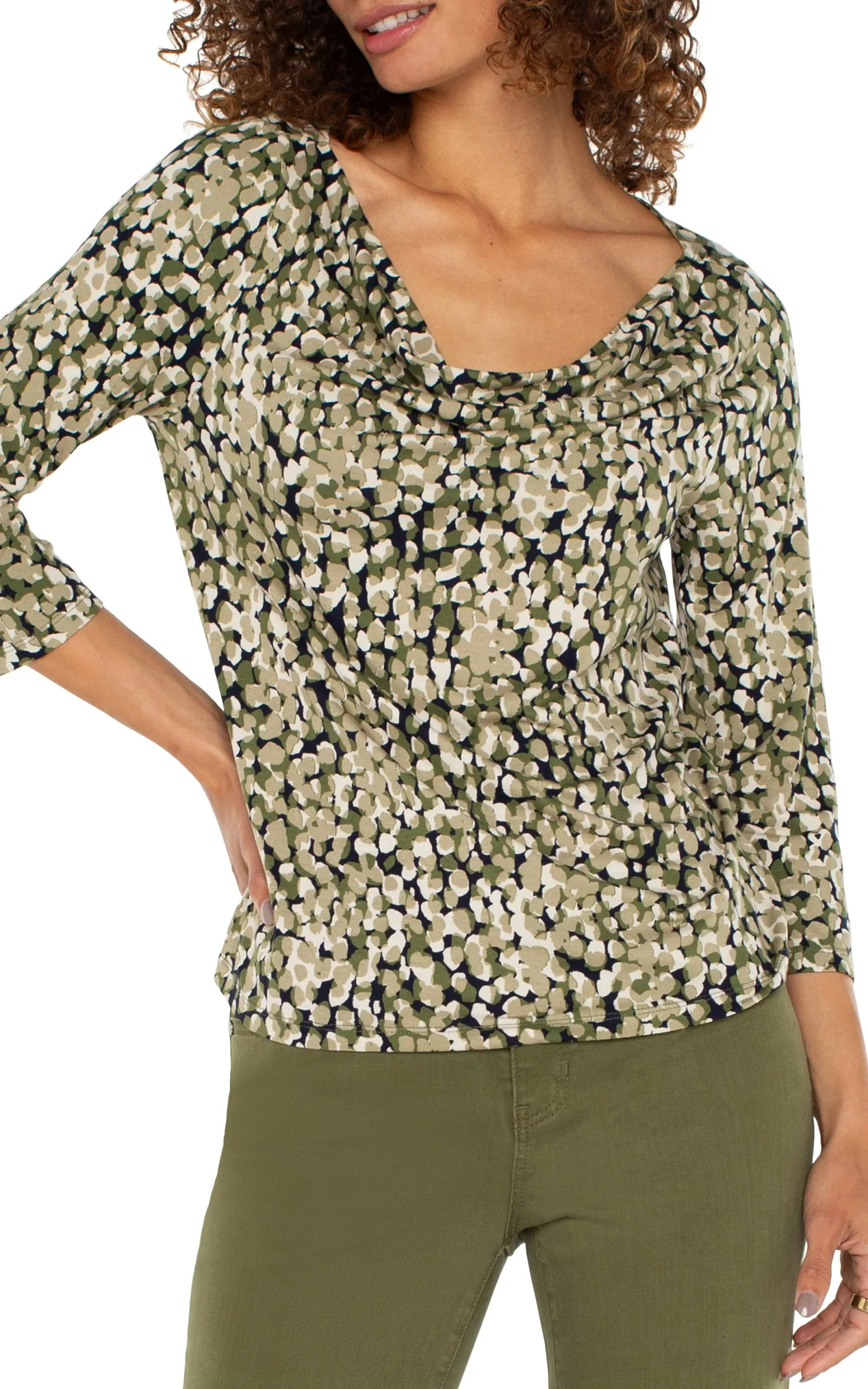 Tees-Liverpool Los Angeles 3/4 SLEEVE DRAPED NECK KNIT TOP Olivecamodot