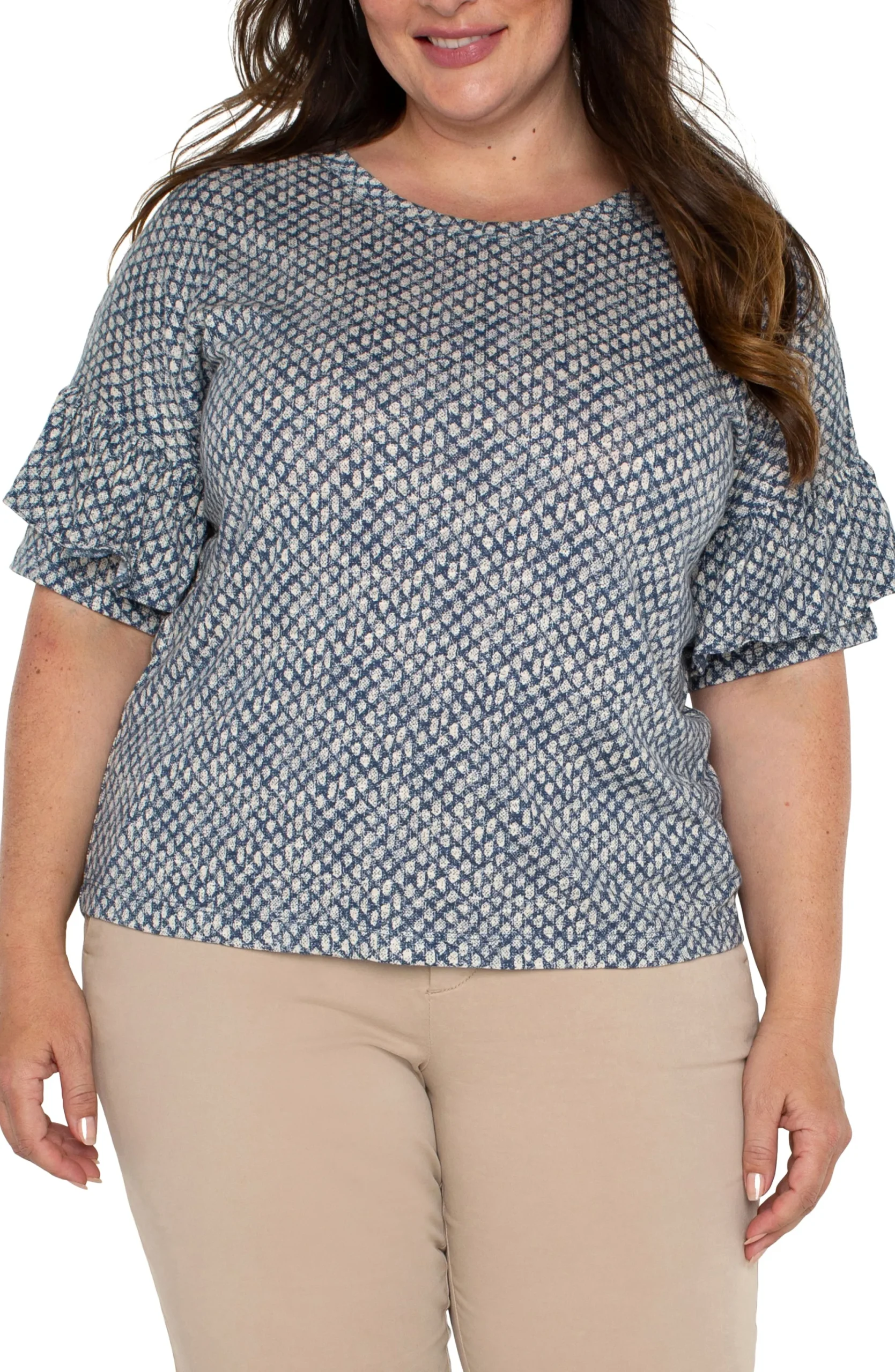 Tops-Liverpool Los Angeles 1/2 SLEEVE DROP SHOULDER WITH RUFFLE Navytextureddots