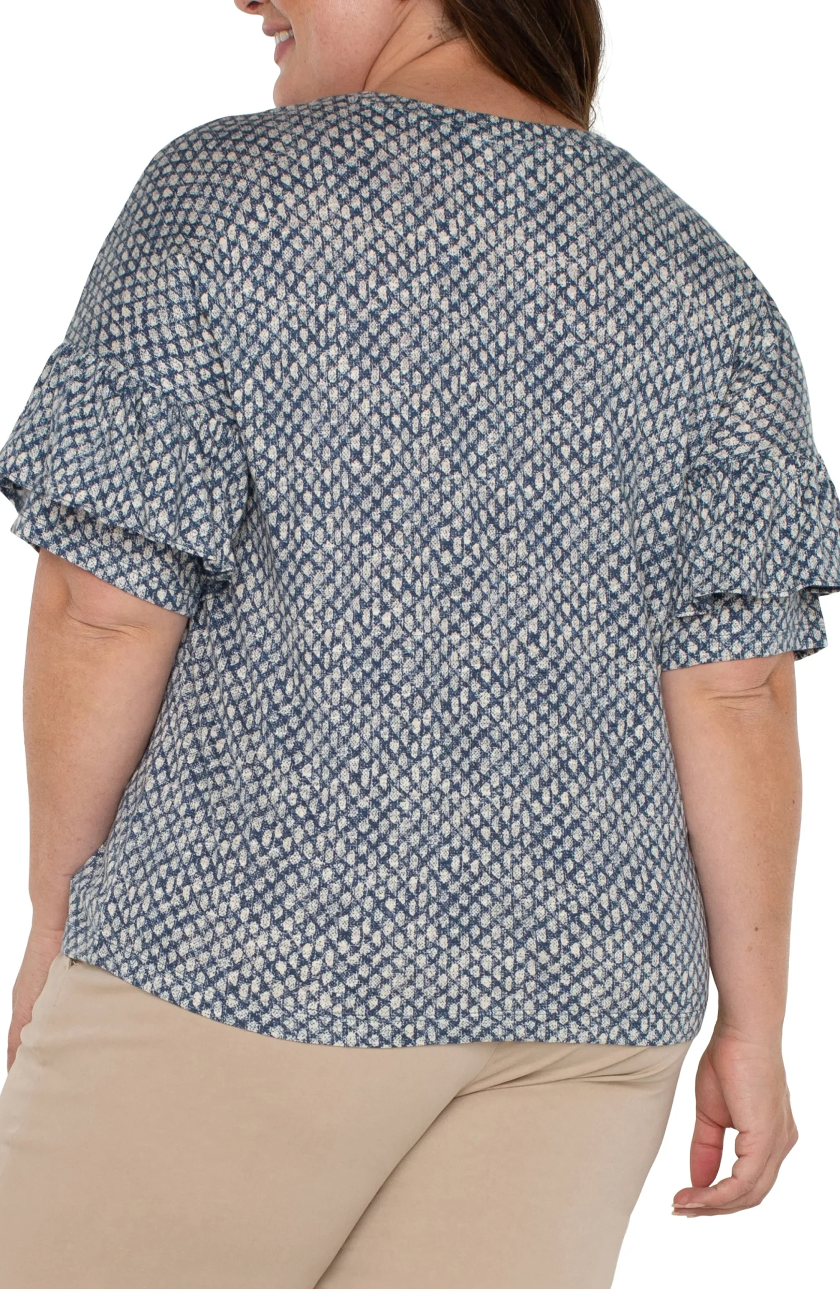 Tops-Liverpool Los Angeles 1/2 SLEEVE DROP SHOULDER WITH RUFFLE Navytextureddots