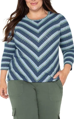 Tops-Liverpool Los Angeles 3/4 SLEEVE SCOOP NECK KNIT TOP Bluetealmultistripe