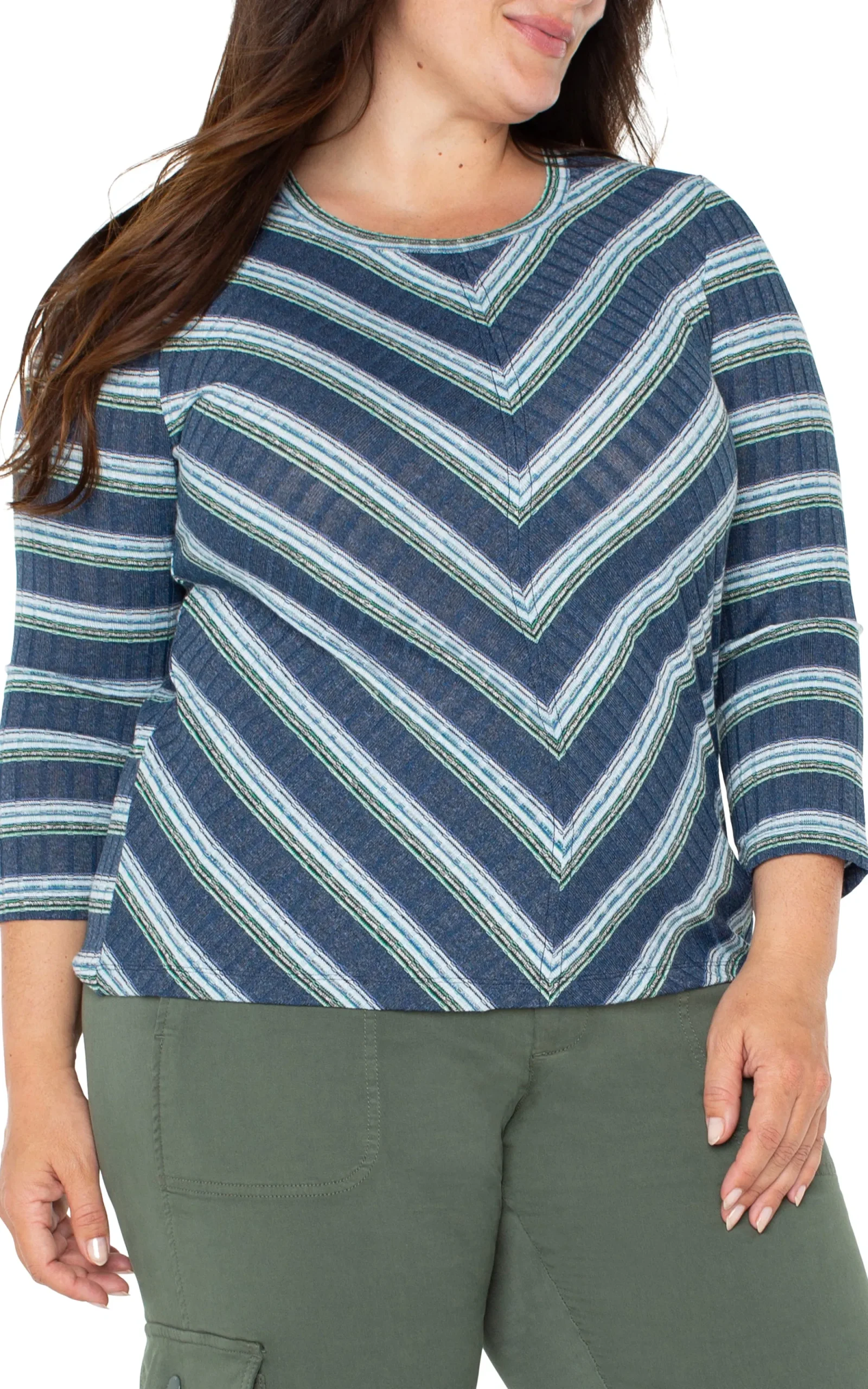 Tops-Liverpool Los Angeles 3/4 SLEEVE SCOOP NECK KNIT TOP Bluetealmultistripe