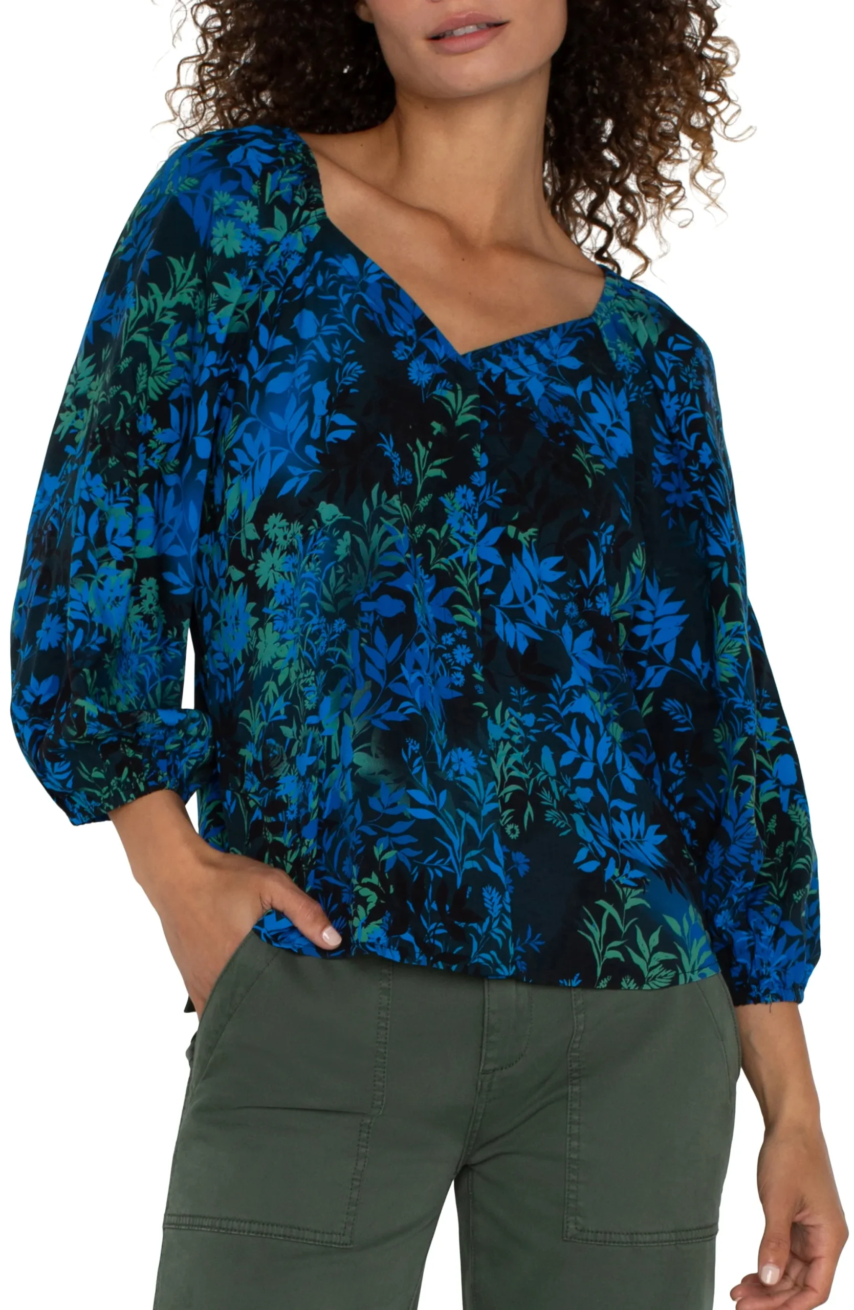 Tops-Liverpool Los Angeles 3/4 SLEEVE SWEETHEART NECK WOVEN BLOUSE Bluetopazmulti