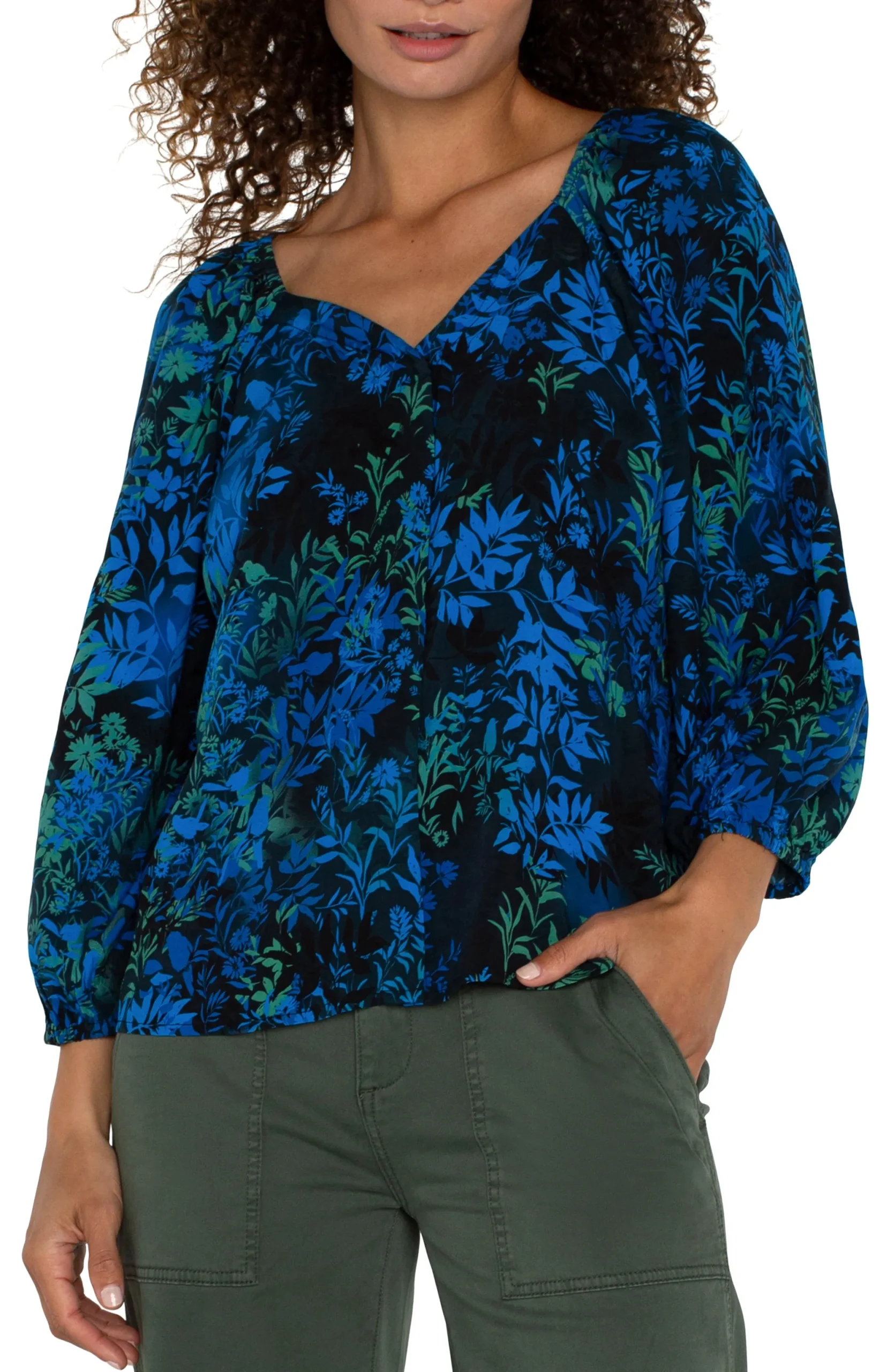 Tops-Liverpool Los Angeles 3/4 SLEEVE SWEETHEART NECK WOVEN BLOUSE Bluetopazmulti