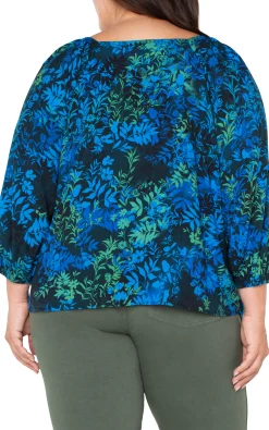 Tops-Liverpool Los Angeles 3/4 SLEEVE SWEETHEART NECK WOVEN BLOUSE Bluetopazmulti