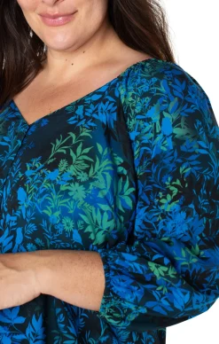 Tops-Liverpool Los Angeles 3/4 SLEEVE SWEETHEART NECK WOVEN BLOUSE Bluetopazmulti