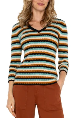 Sweaters-Liverpool Los Angeles 3/4 SLEEVE V-NECK SWEATER Oceanmultistripe