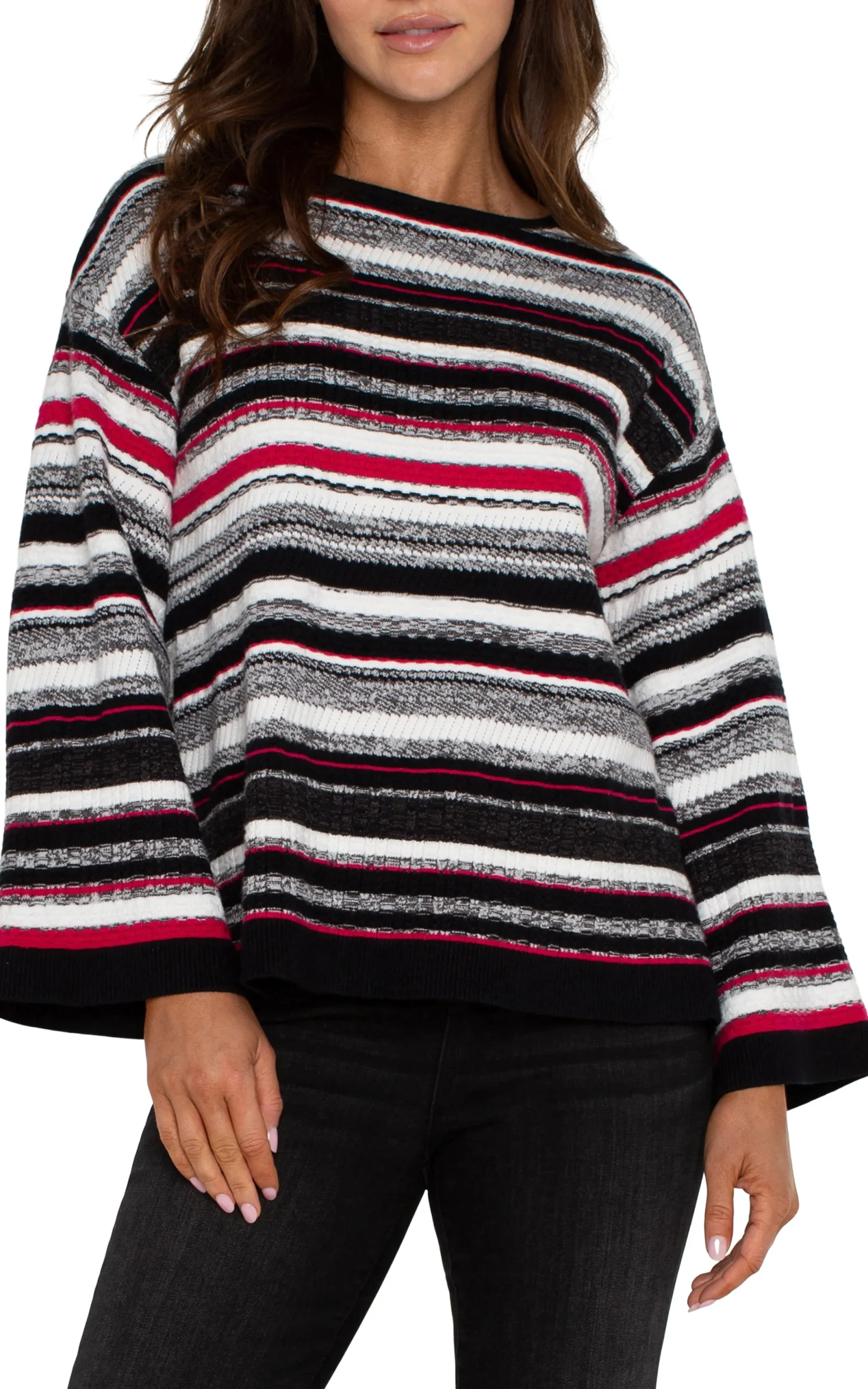 Sweaters-Liverpool Los Angeles BOAT NECK STRIPED SWEATER Blackstriperubymulti