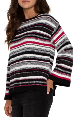 Sweaters-Liverpool Los Angeles BOAT NECK STRIPED SWEATER Blackstriperubymulti