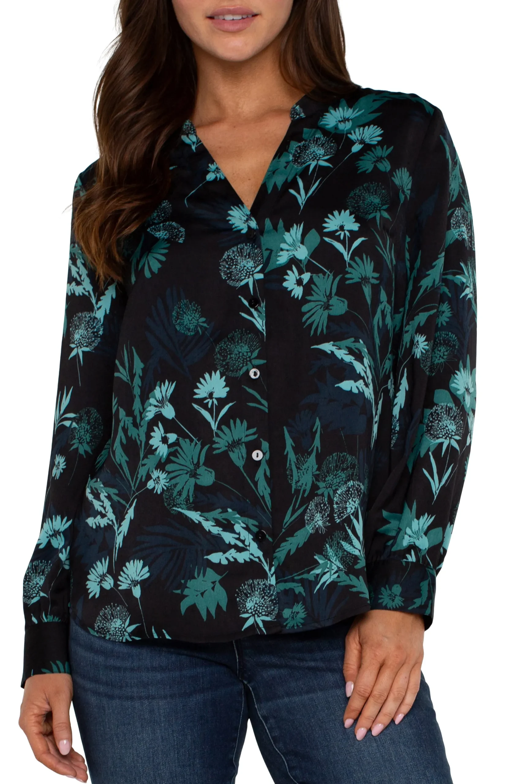 Tops-Liverpool Los Angeles BUTTON FRONT SHIRT WITH BANDED COLLAR Malachitefoliage