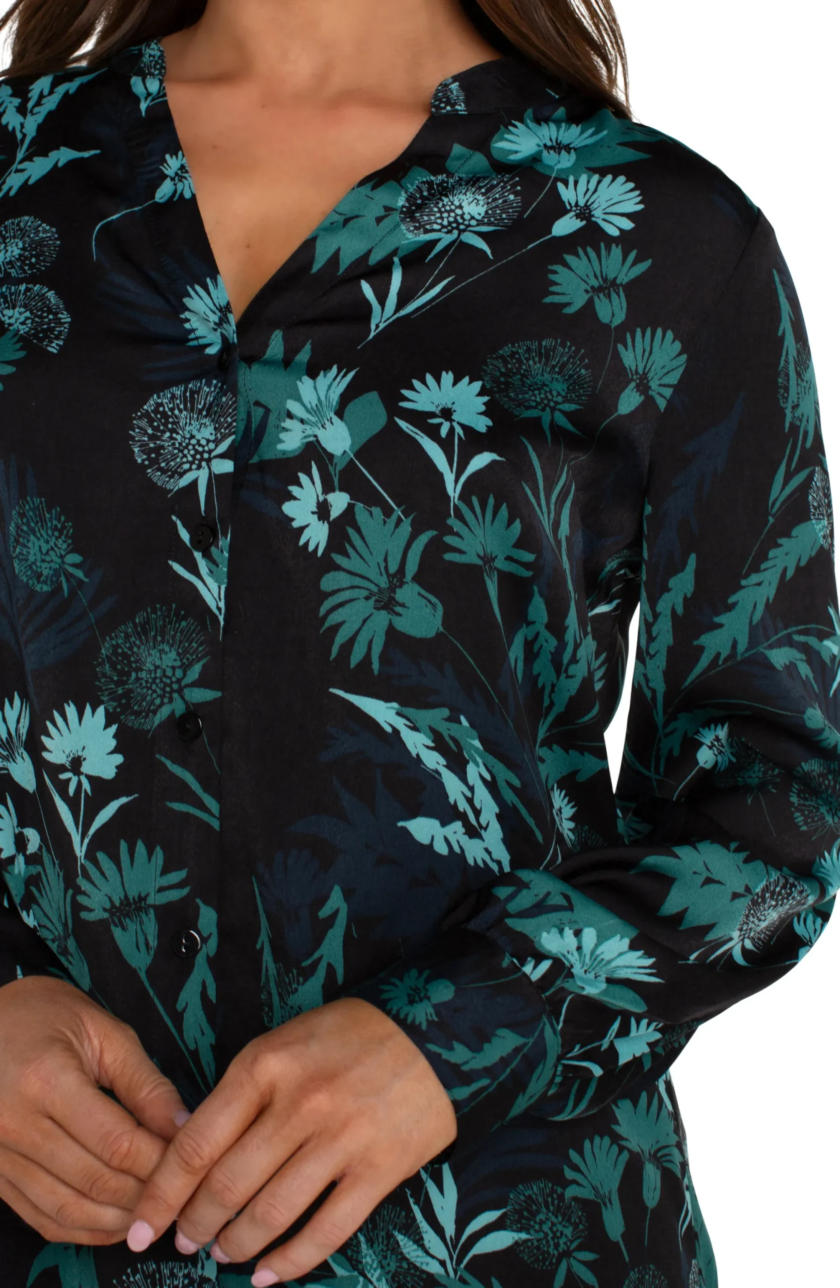 Tops-Liverpool Los Angeles BUTTON FRONT SHIRT WITH BANDED COLLAR Malachitefoliage