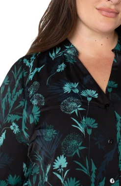 Tops-Liverpool Los Angeles BUTTON FRONT SHIRT WITH BANDED COLLAR Malachitefoliage