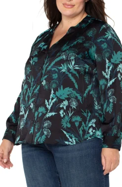 Tops-Liverpool Los Angeles BUTTON FRONT SHIRT WITH BANDED COLLAR Malachitefoliage