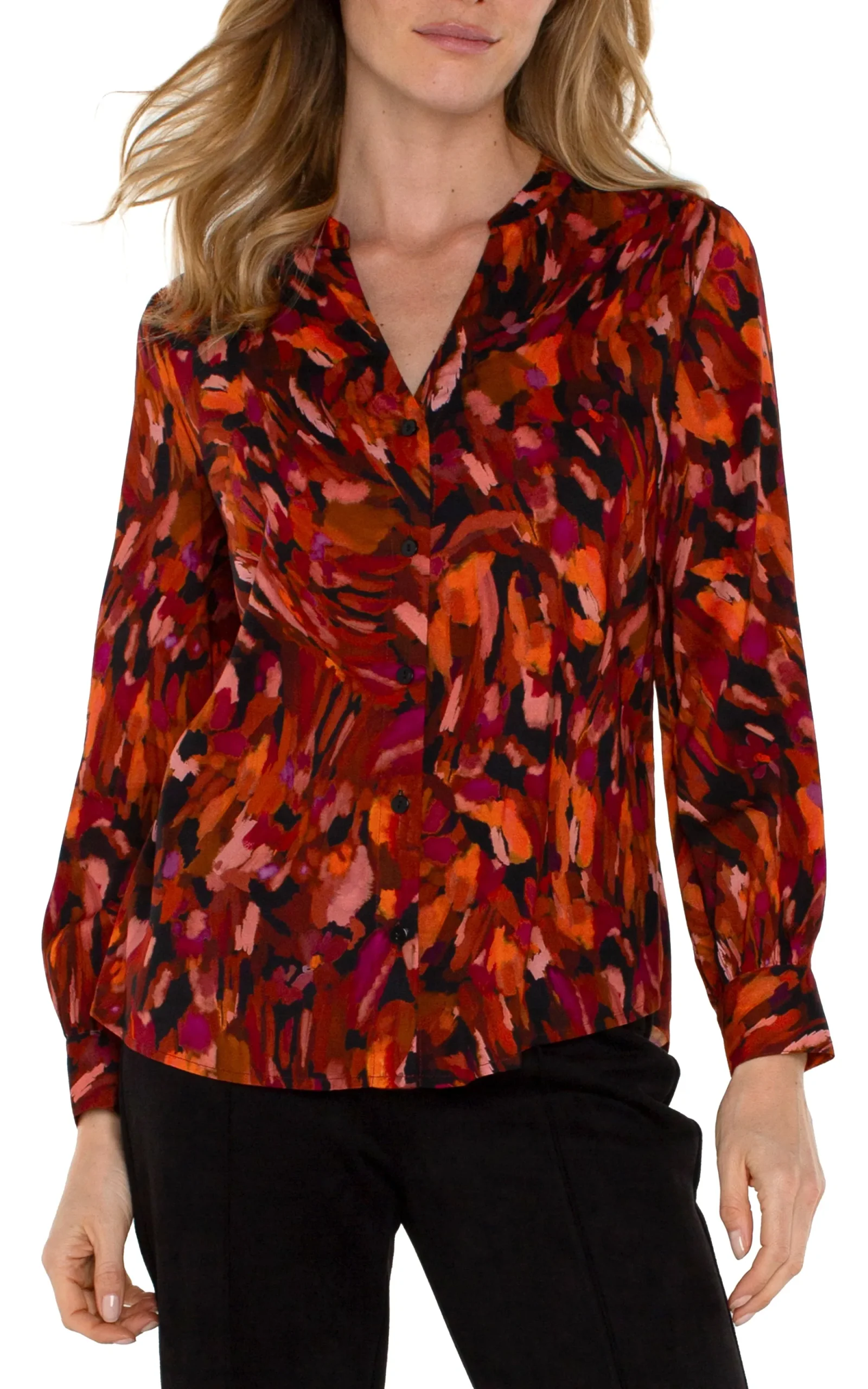 Tops-Liverpool Los Angeles BUTTON FRONT SHIRT WITH BANDED COLLAR Paintedcedar