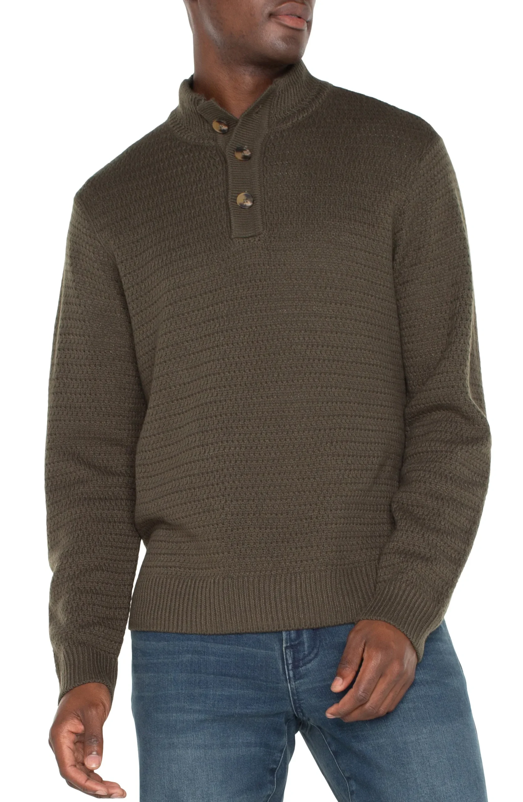 Sweaters-Liverpool Los Angeles BUTTON MOCK NECK SWEATER Olive
