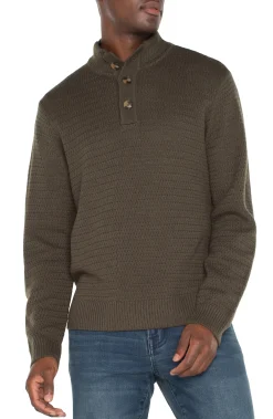 Sweaters-Liverpool Los Angeles BUTTON MOCK NECK SWEATER Olive