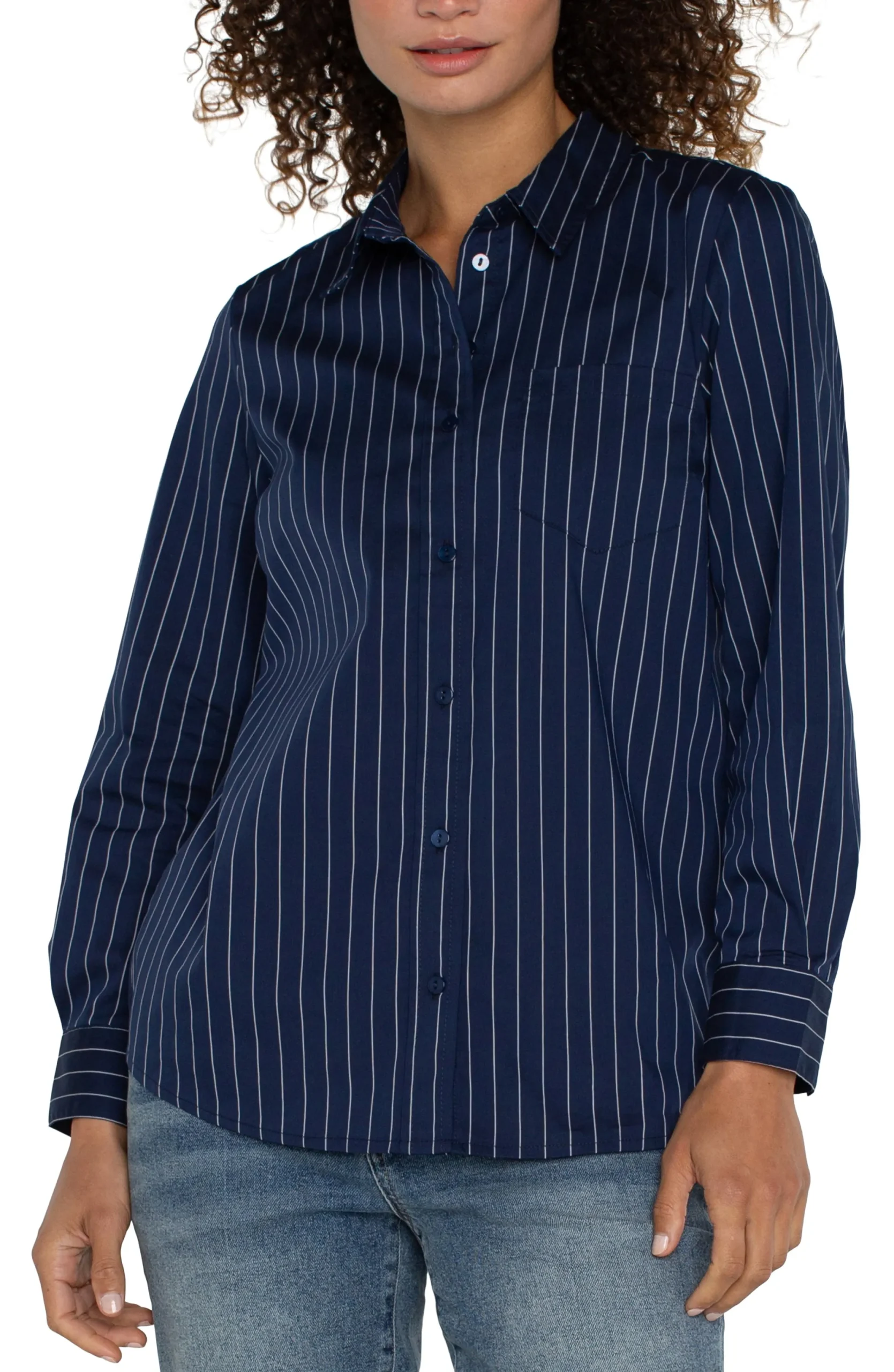 Tops-Liverpool Los Angeles CLASSIC BUTTON FRONT POPLIN SHIRT Navywhitepinstripe
