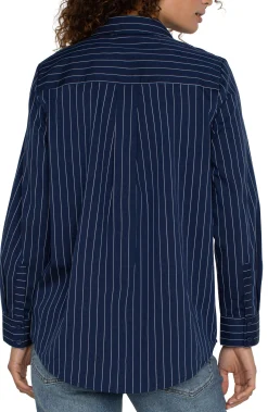 Tops-Liverpool Los Angeles CLASSIC BUTTON FRONT POPLIN SHIRT Navywhitepinstripe