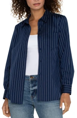 Tops-Liverpool Los Angeles CLASSIC BUTTON FRONT POPLIN SHIRT Navywhitepinstripe