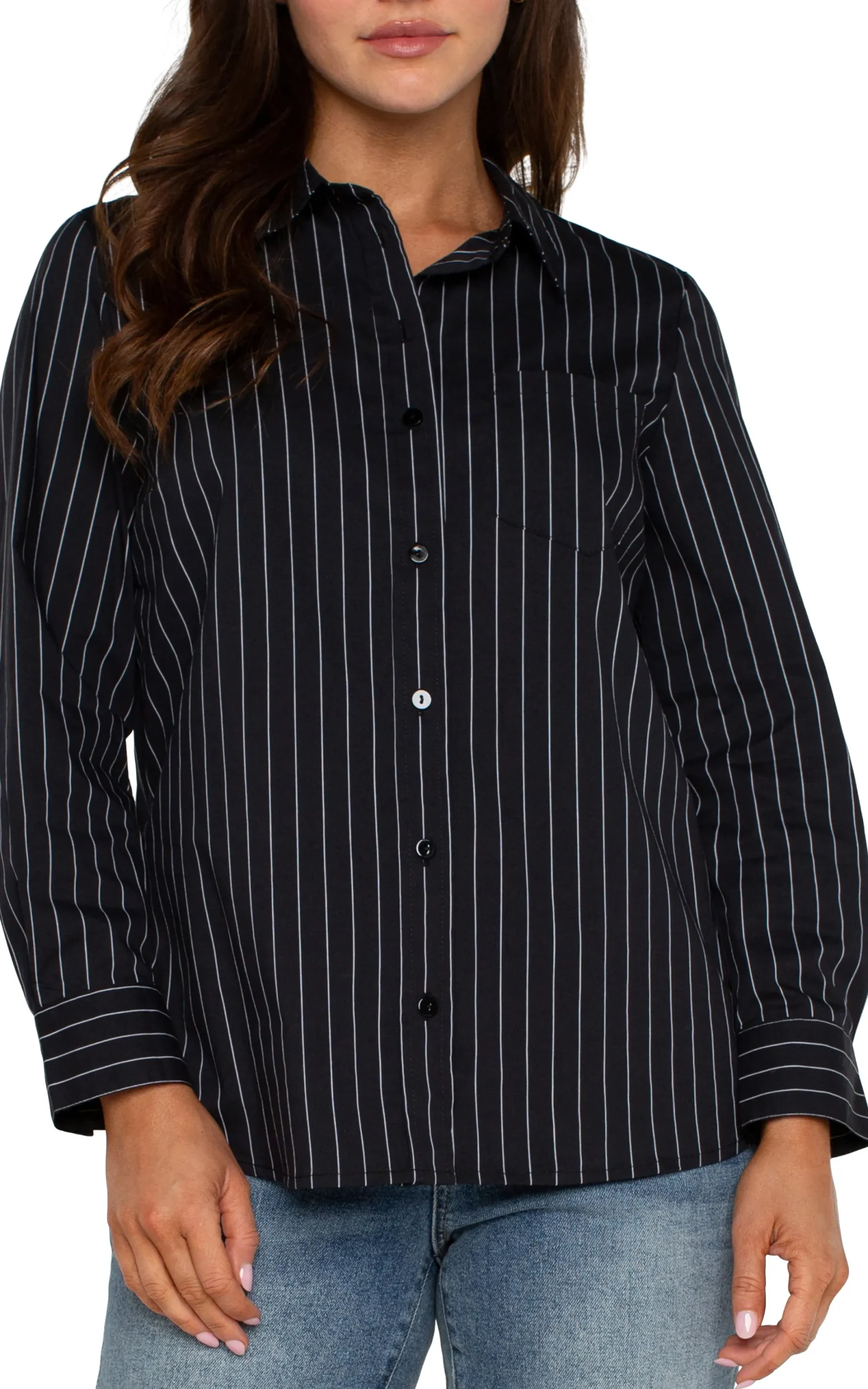 Tops-Liverpool Los Angeles CLASSIC BUTTON FRONT POPLIN SHIRT Blackwhitepinstripe