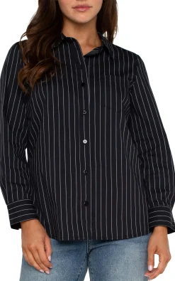 Tops-Liverpool Los Angeles CLASSIC BUTTON FRONT POPLIN SHIRT Blackwhitepinstripe