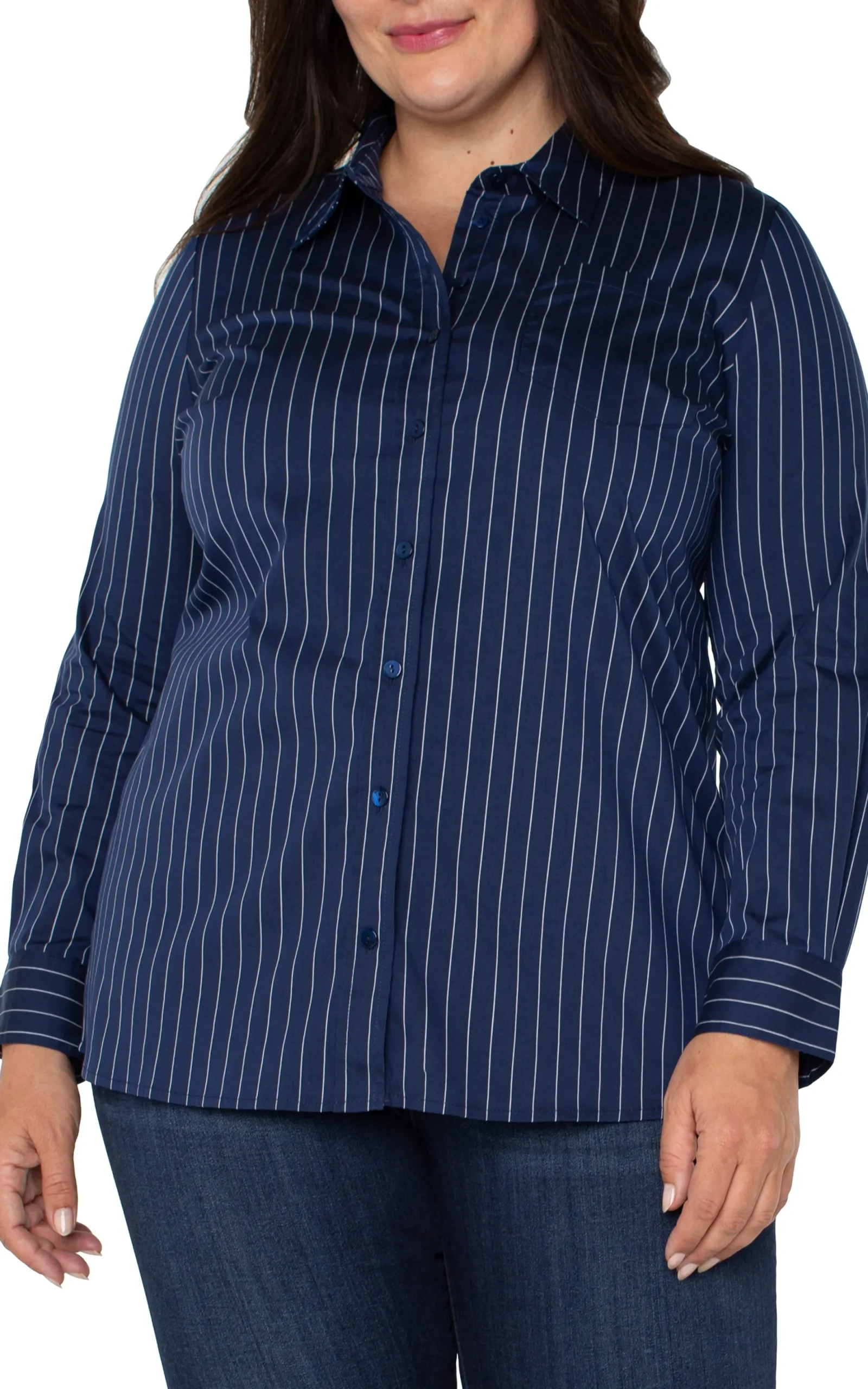 Tops-Liverpool Los Angeles CLASSIC BUTTON FRONT POPLIN SHIRT Navywhitepinstripe
