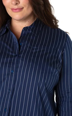 Tops-Liverpool Los Angeles CLASSIC BUTTON FRONT POPLIN SHIRT Navywhitepinstripe