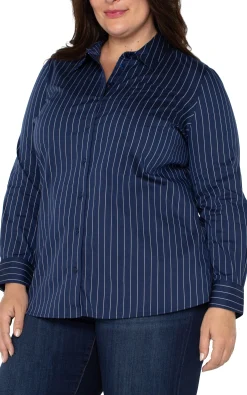 Tops-Liverpool Los Angeles CLASSIC BUTTON FRONT POPLIN SHIRT Navywhitepinstripe