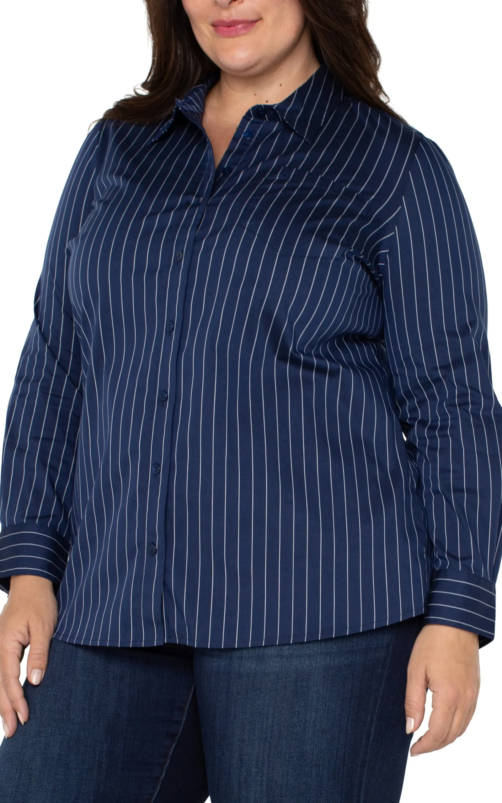 Tops-Liverpool Los Angeles CLASSIC BUTTON FRONT POPLIN SHIRT Navywhitepinstripe