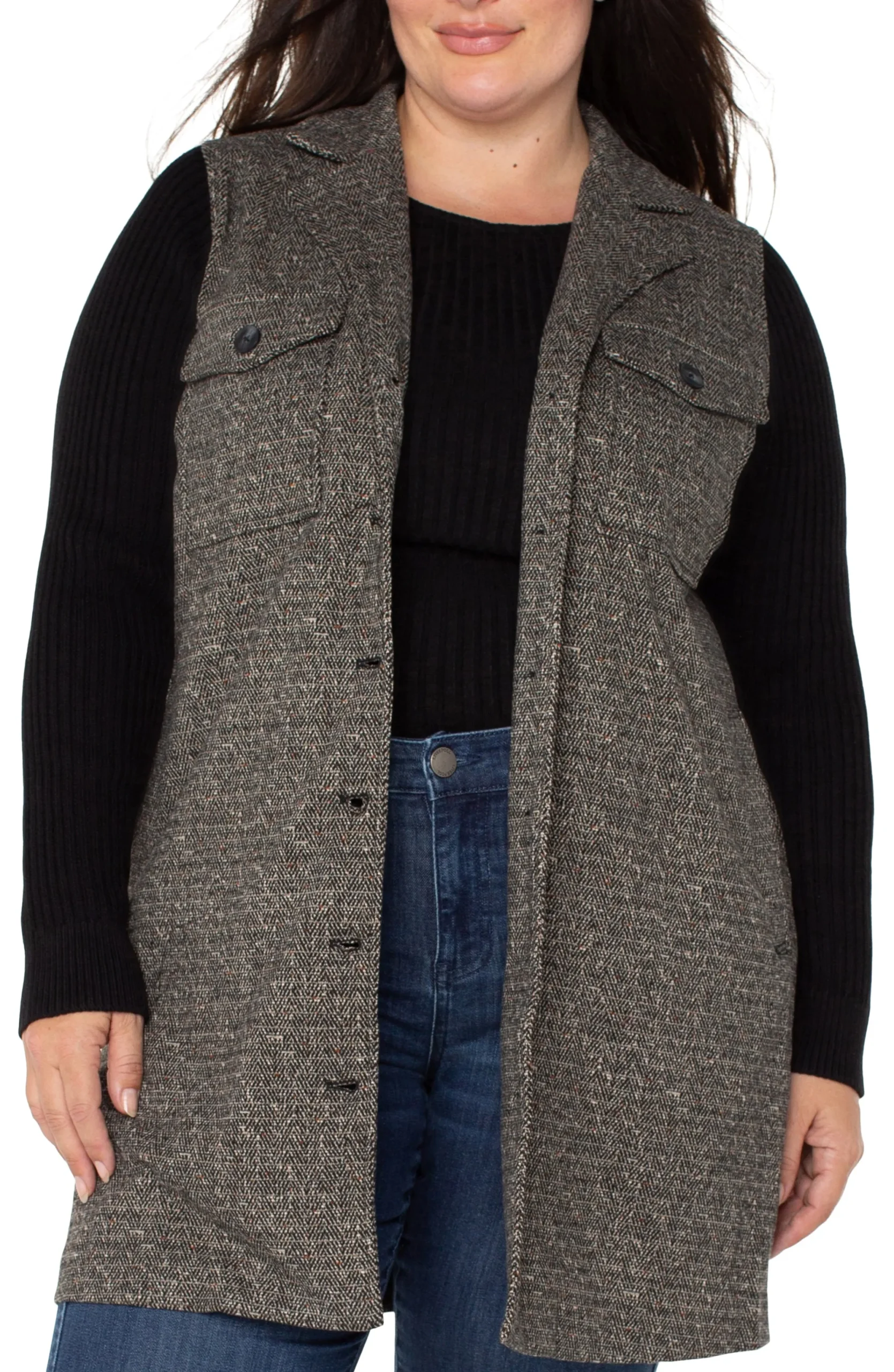 Jackets-Liverpool Los Angeles COATIGAN WITH SWEATER SLEEVES Blacktanherringbone
