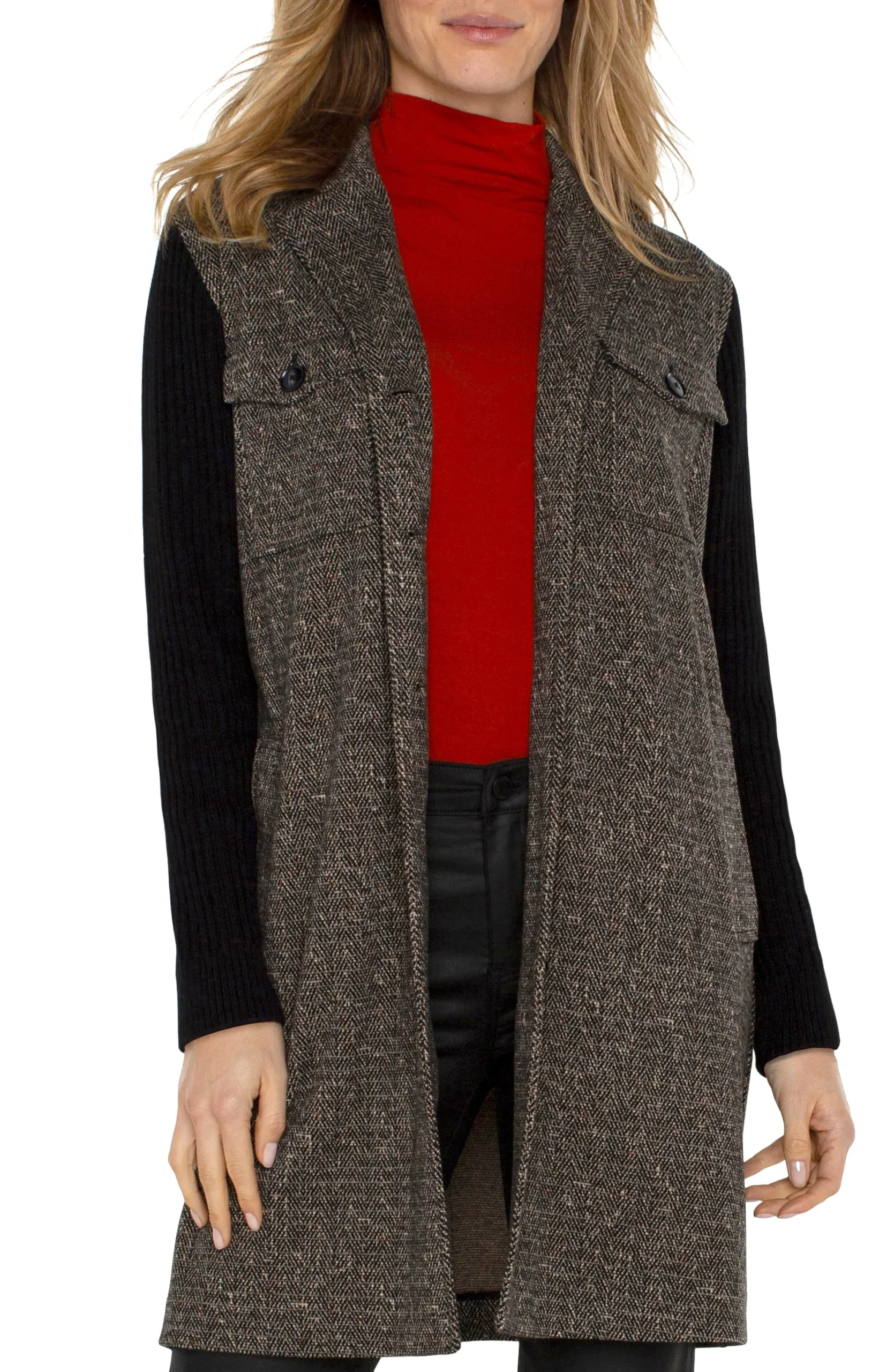 Coatigans-Liverpool Los Angeles COATIGAN WITH SWEATER SLEEVES Blacktanherringbone