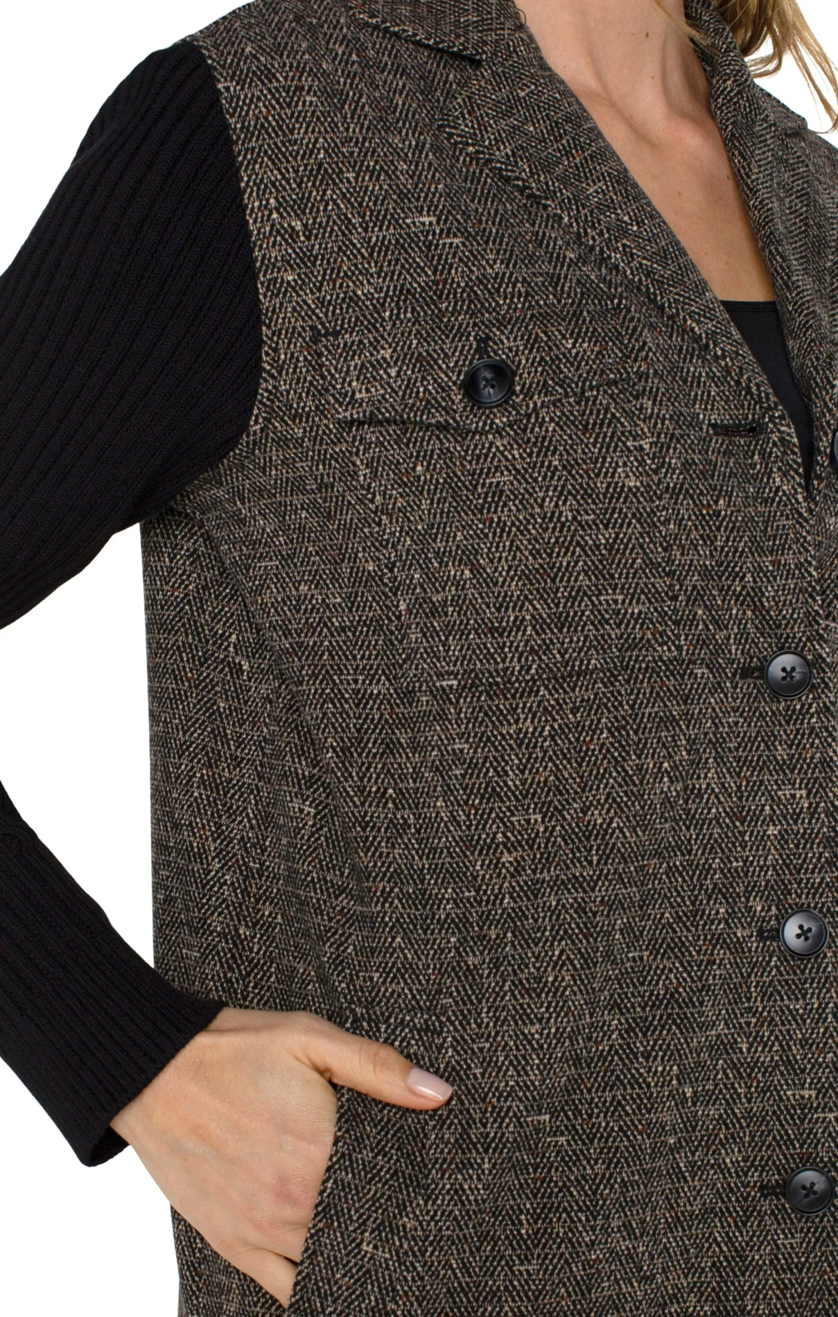 Coatigans-Liverpool Los Angeles COATIGAN WITH SWEATER SLEEVES Blacktanherringbone