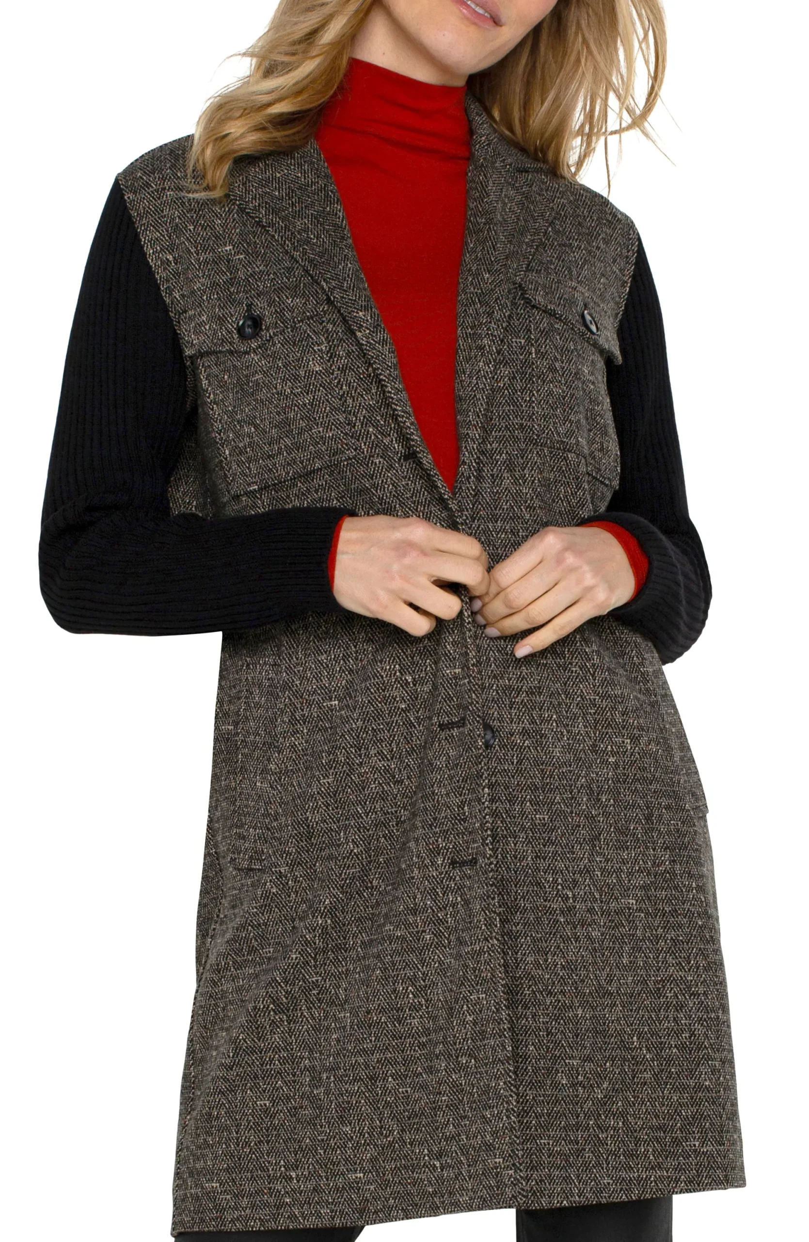 Coatigans-Liverpool Los Angeles COATIGAN WITH SWEATER SLEEVES Blacktanherringbone