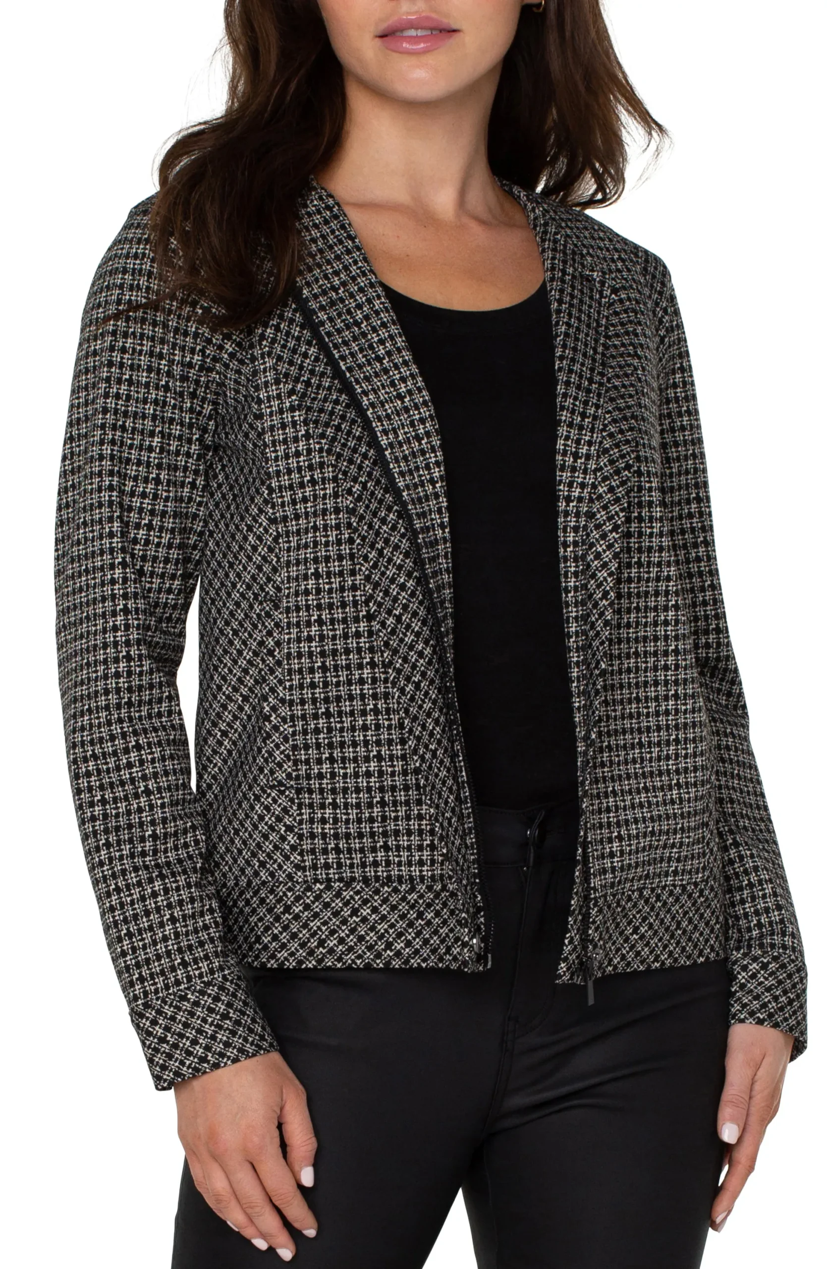 Jackets-Liverpool Los Angeles COLLARLESS ZIP UP JACKET Blacktanlatticeplaid