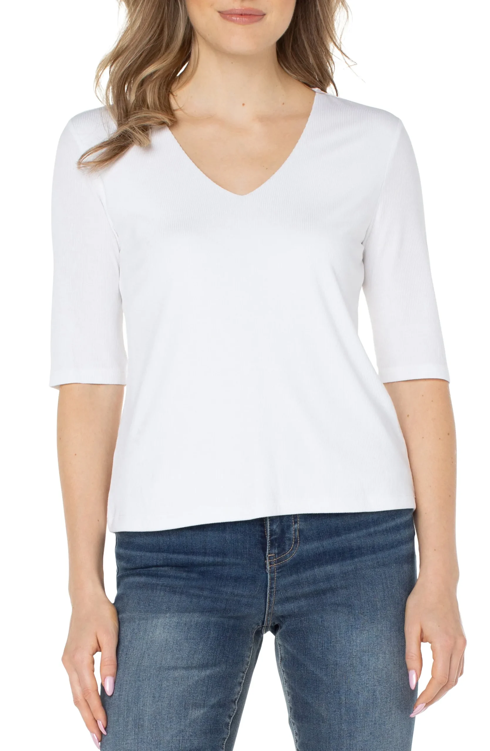 Tees-Liverpool Los Angeles DOUBLE LAYER V-NECK RIB KNIT TOP Cream