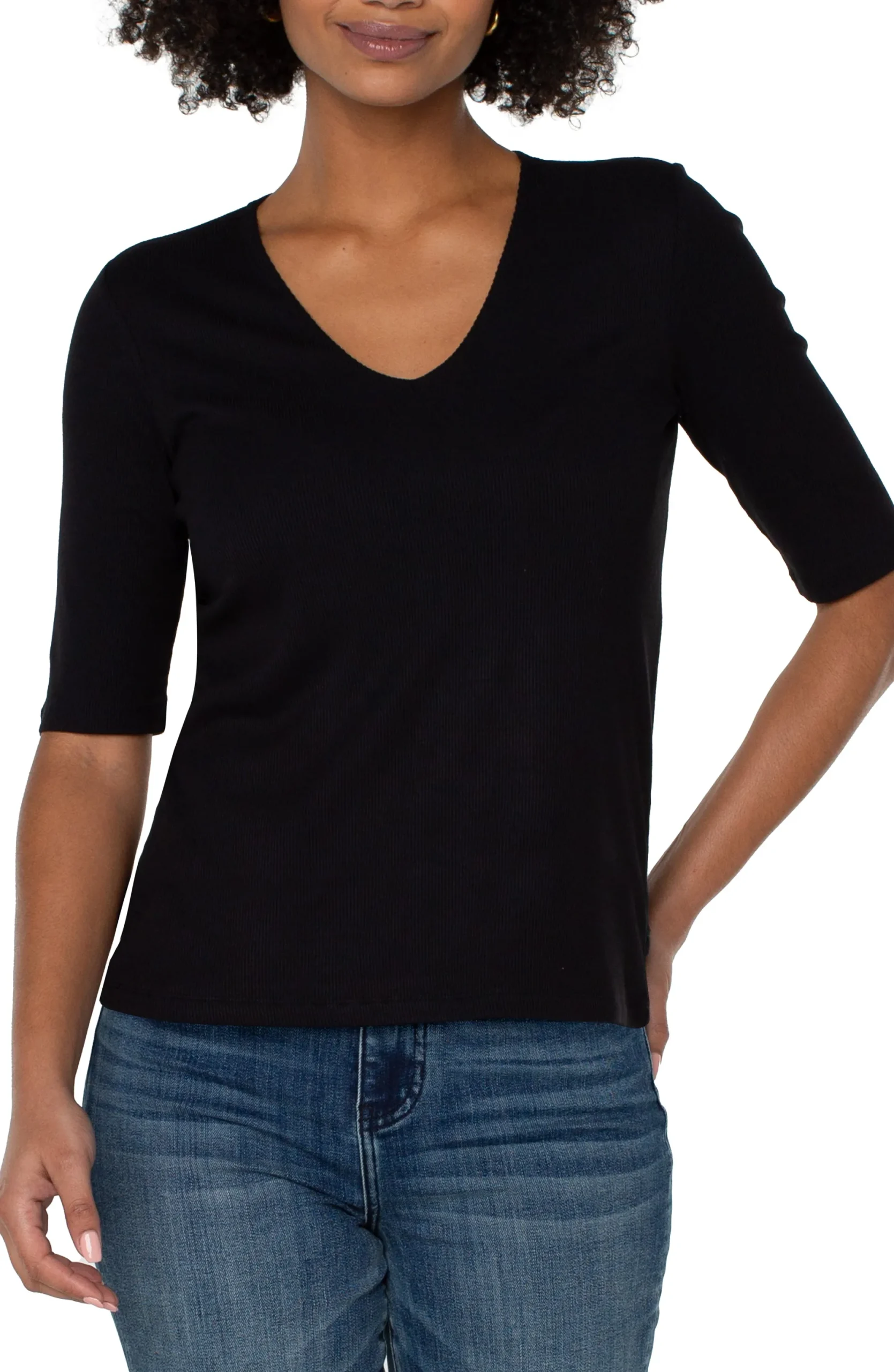 Tees-Liverpool Los Angeles DOUBLE LAYER V-NECK RIB KNIT TOP Black
