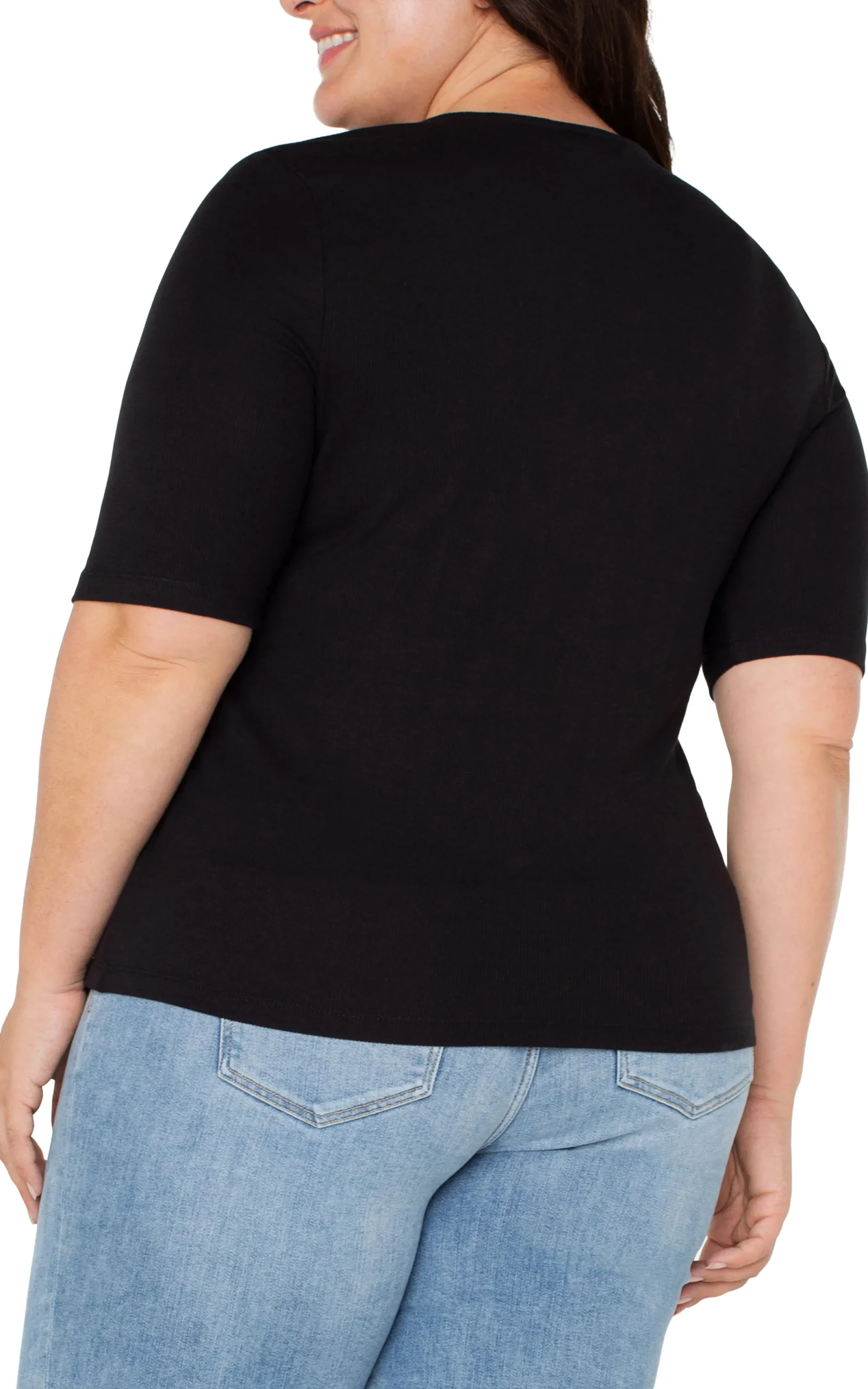 Tops-Liverpool Los Angeles DOUBLE LAYER V-NECK RIB KNIT TOP Black