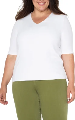 Tops-Liverpool Los Angeles DOUBLE LAYER V-NECK RIB KNIT TOP Cream