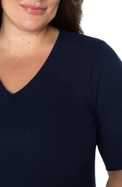 Tops-Liverpool Los Angeles DOUBLE LAYER V-NECK RIB KNIT TOP Darknavy