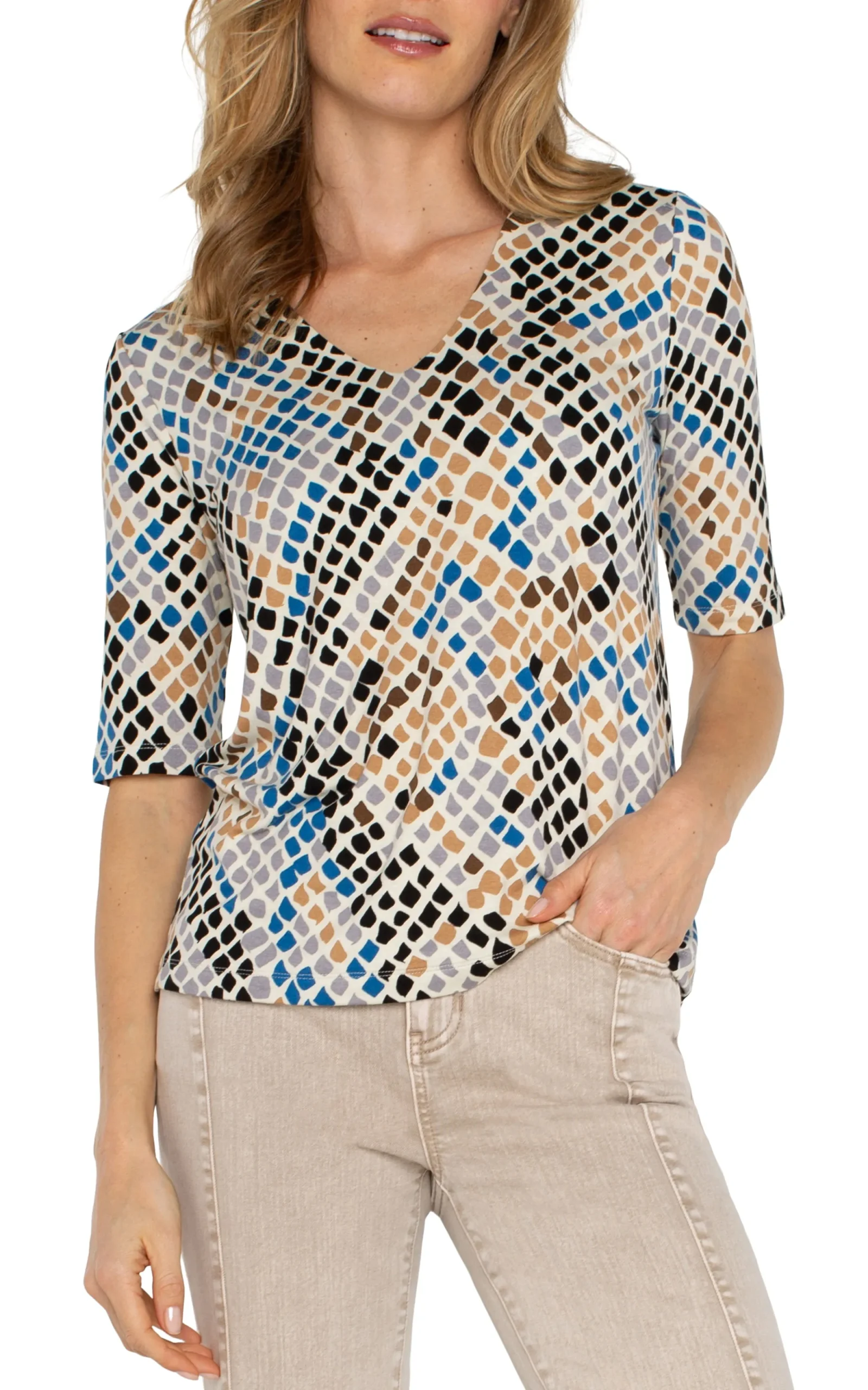 Tees|Tops-Liverpool Los Angeles DOUBLE LAYER V-NECK RIB KNIT TOP Lapissnakemulti