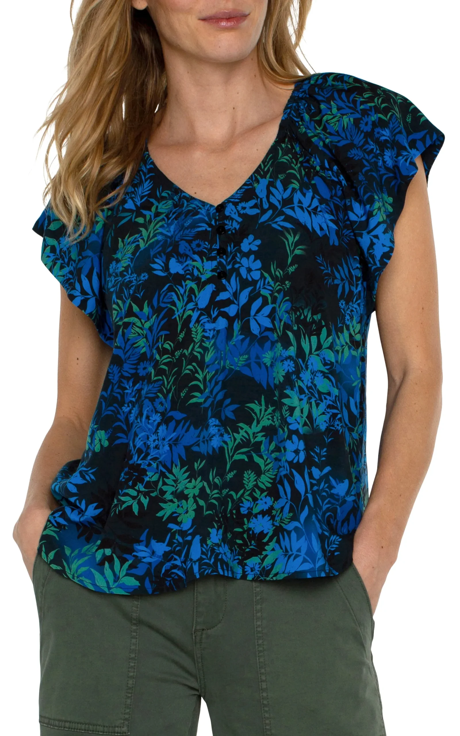 Tops|Tops-Liverpool Los Angeles FLUTTER SLEEVE RAGLAN WOVEN TOP Bluetopazmulti