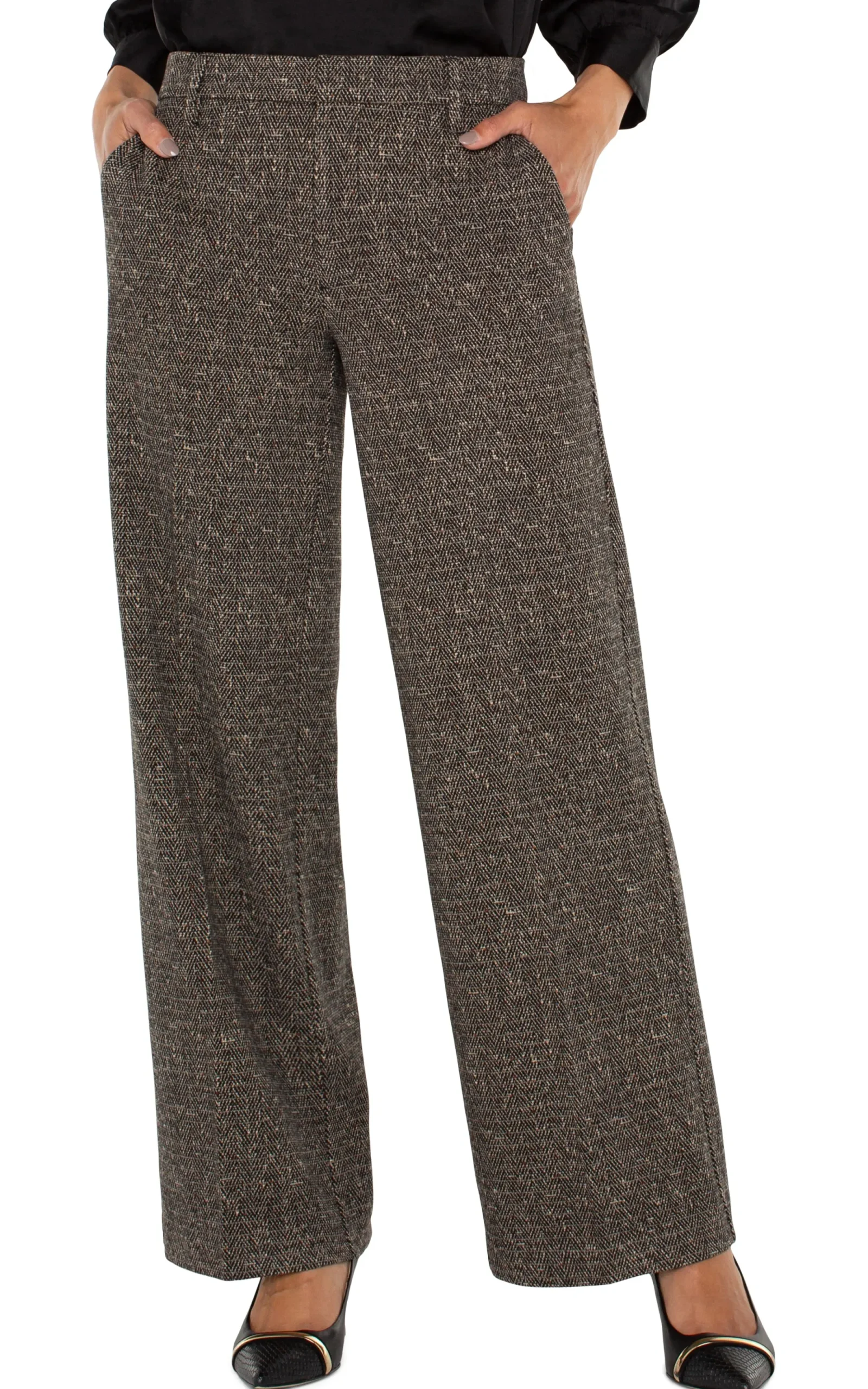 Pants|Wide-Leg-Liverpool Los Angeles KELSEY WIDE LEG TROUSER Blacktanherringbone