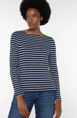 Sweaters|Tees-Liverpool Los Angeles LONG SLEEVE BOATNECK KNIT TOP Darknavywhitestripe