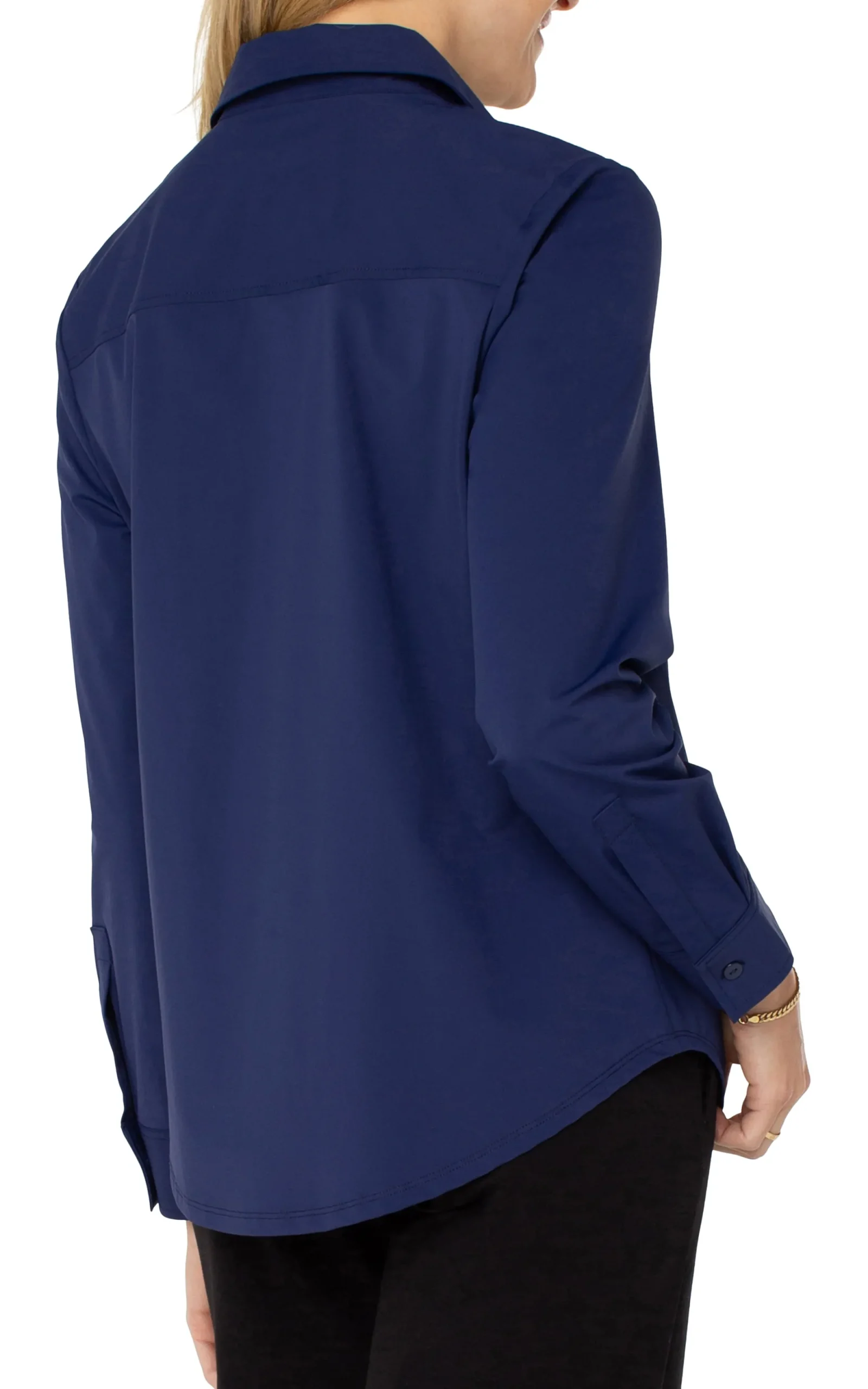 Tops-Liverpool Los Angeles LONG SLEEVE BUTTON FRONT KNIT SHIRT Navyink