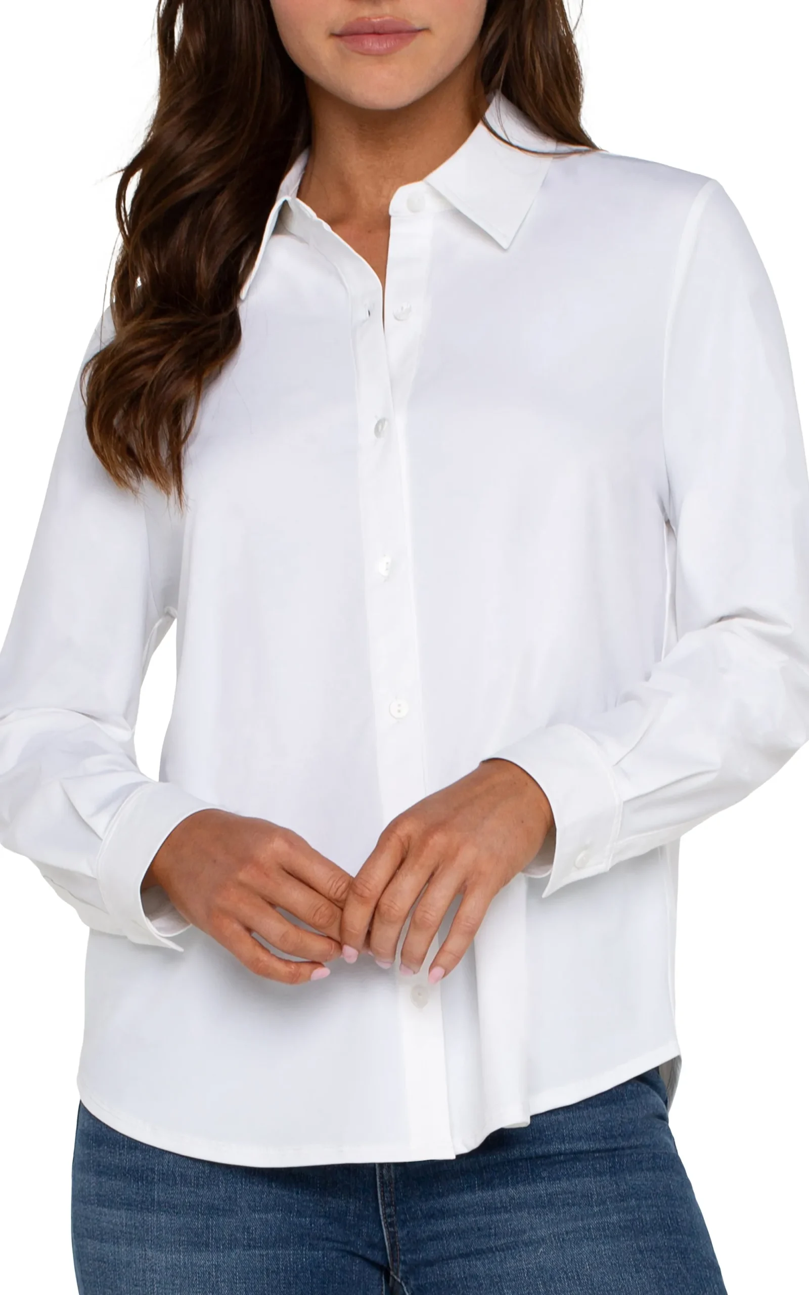 Tops-Liverpool Los Angeles LONG SLEEVE BUTTON FRONT KNIT SHIRT White
