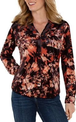 Tops-Liverpool Los Angeles LONG SLEEVE BUTTON FRONT KNIT SHIRT Fireopalburntout