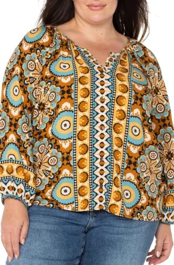 Tops-Liverpool Los Angeles LONG SLEEVE BUTTON FRONT WOVEN BLOUSE Oceanjaspermulti