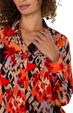 Tops-Liverpool Los Angeles LONG SLEEVE BUTTON UP WOVEN BLOUSE Burntorangefloral