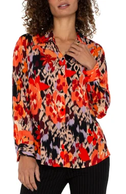 Tops-Liverpool Los Angeles LONG SLEEVE BUTTON UP WOVEN BLOUSE Burntorangefloral