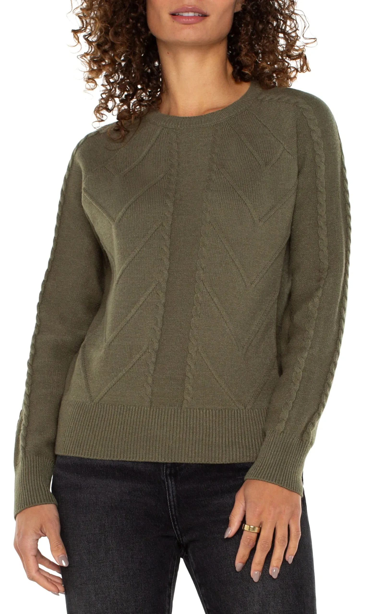 Sweaters-Liverpool Los Angeles LONG SLEEVE CREW NECK RAGLAN SWEATER Spanisholive